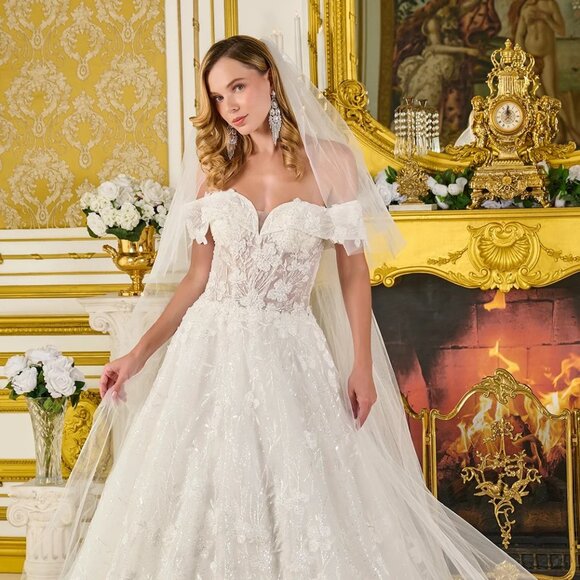 New Off The Shoulder Bridal Ball Gown w/ Floral Applqiue & Lace Up Back GL3821 - Picture 1 of 14